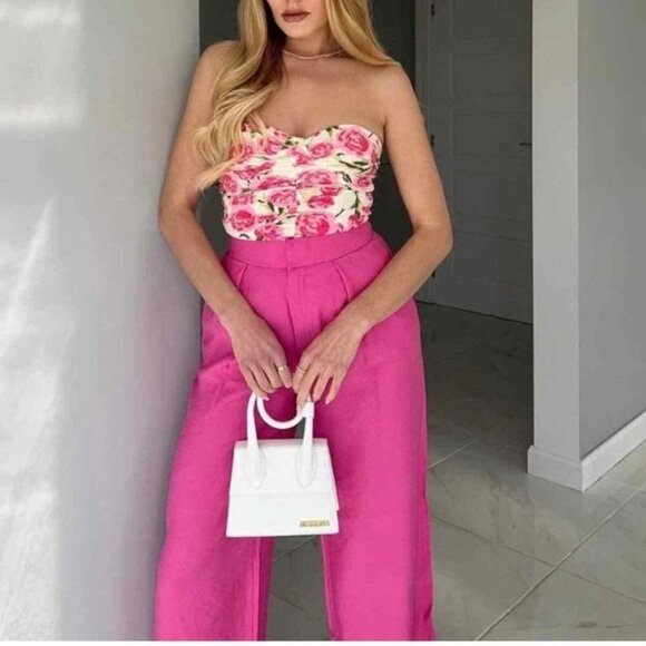 Zara  Draped Floral Strapless Bodysuit in Ivory & Pink Size Medium NWT - Picture 2 of 11